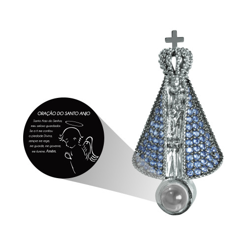 Pingente de Prata Neo Crystal NSra Aparecida com Zircônias Azuis e Ródio negro  Oração Santo Anjo