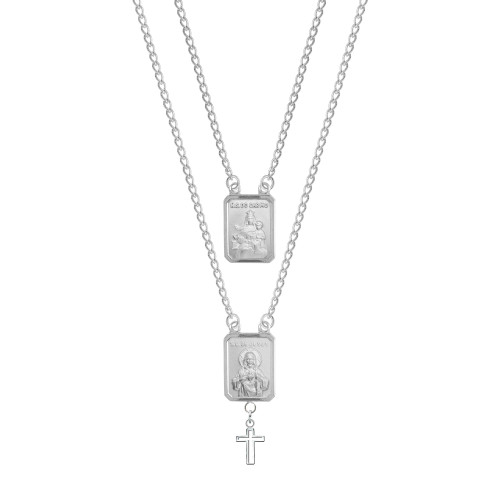 Escapulário de aço com Cruz 2 Medalhas na Frente NSra do Carmo e Sagrado Coração de Jesus Aço 45cm
